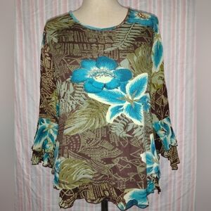 Multiples Brown and Blue Floral Blouse